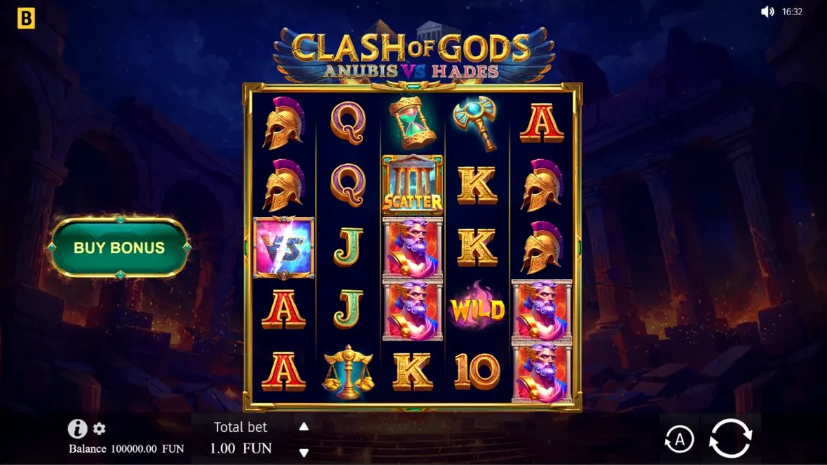 Tampilan visual slot Clash of Gods Anubis vs Hades dengan elemen mitologi